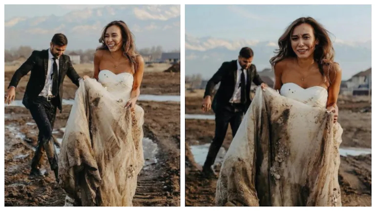 Cặp đôi người ngã vào vũng bùn trong buổi chụp ảnh cưới, kết quả lại bất ngờ thế này! - Ảnh 1