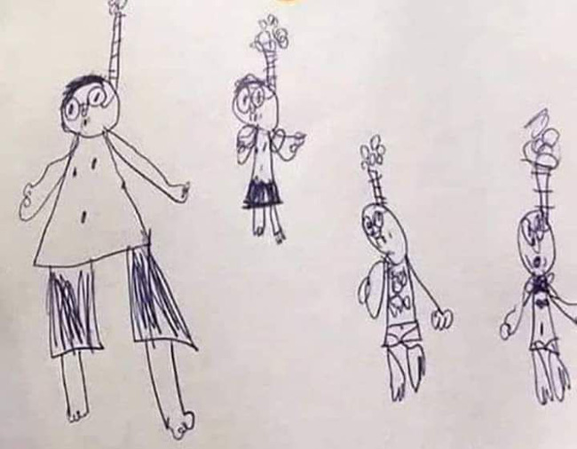 Cậu bé vẽ tranh cả gia đình trong tư thế treo cổ nhưng khi biết lý do thật phía sau, ai cũng phải cười 'haha' - Ảnh 1