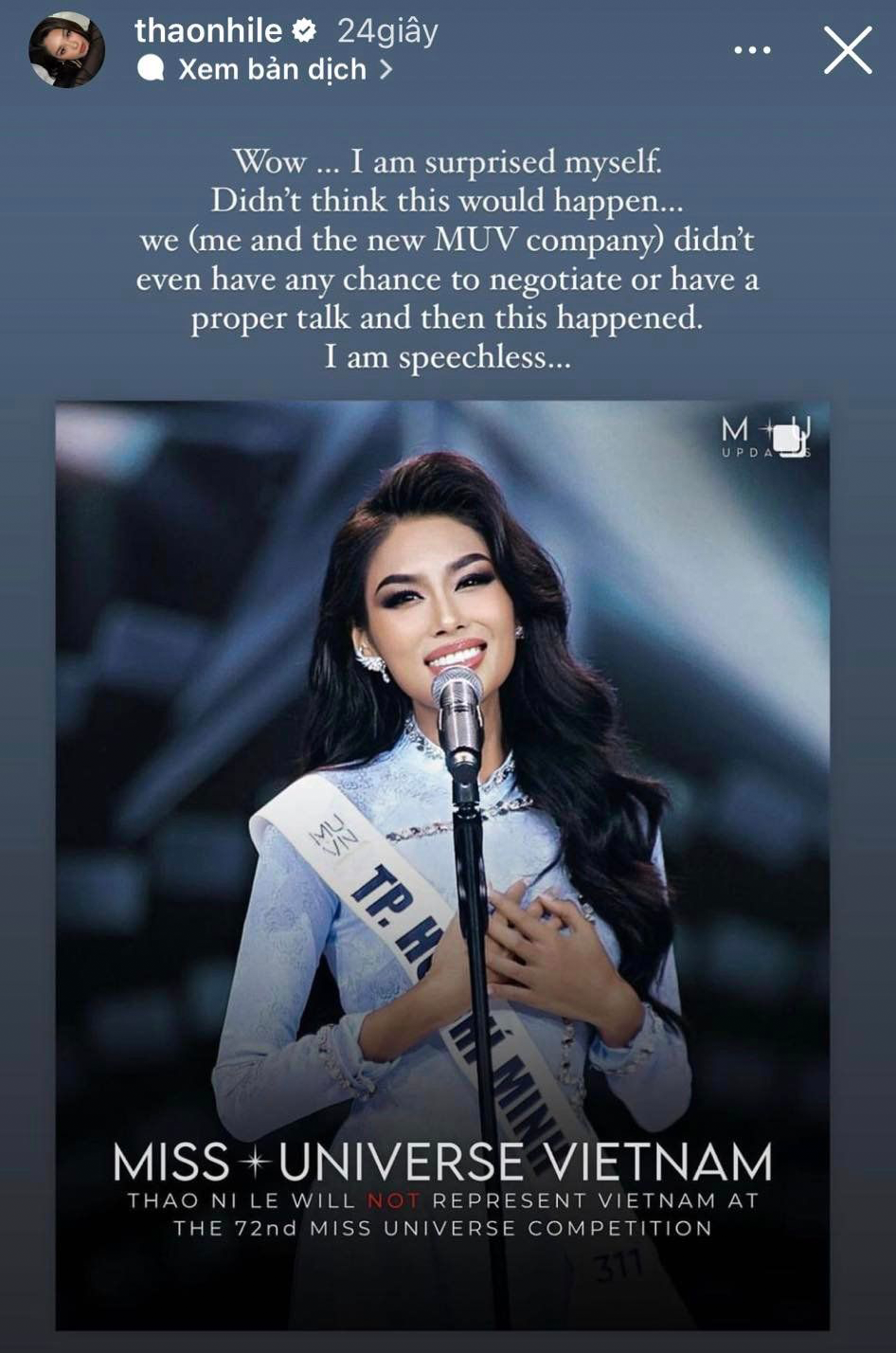 Bị 'tước quyền' tham dự Miss Universe 2023, Á hậu Thảo Nhi Lê phản pháo bất ngờ: 'Tự biên tự diễn'? - Ảnh 2
